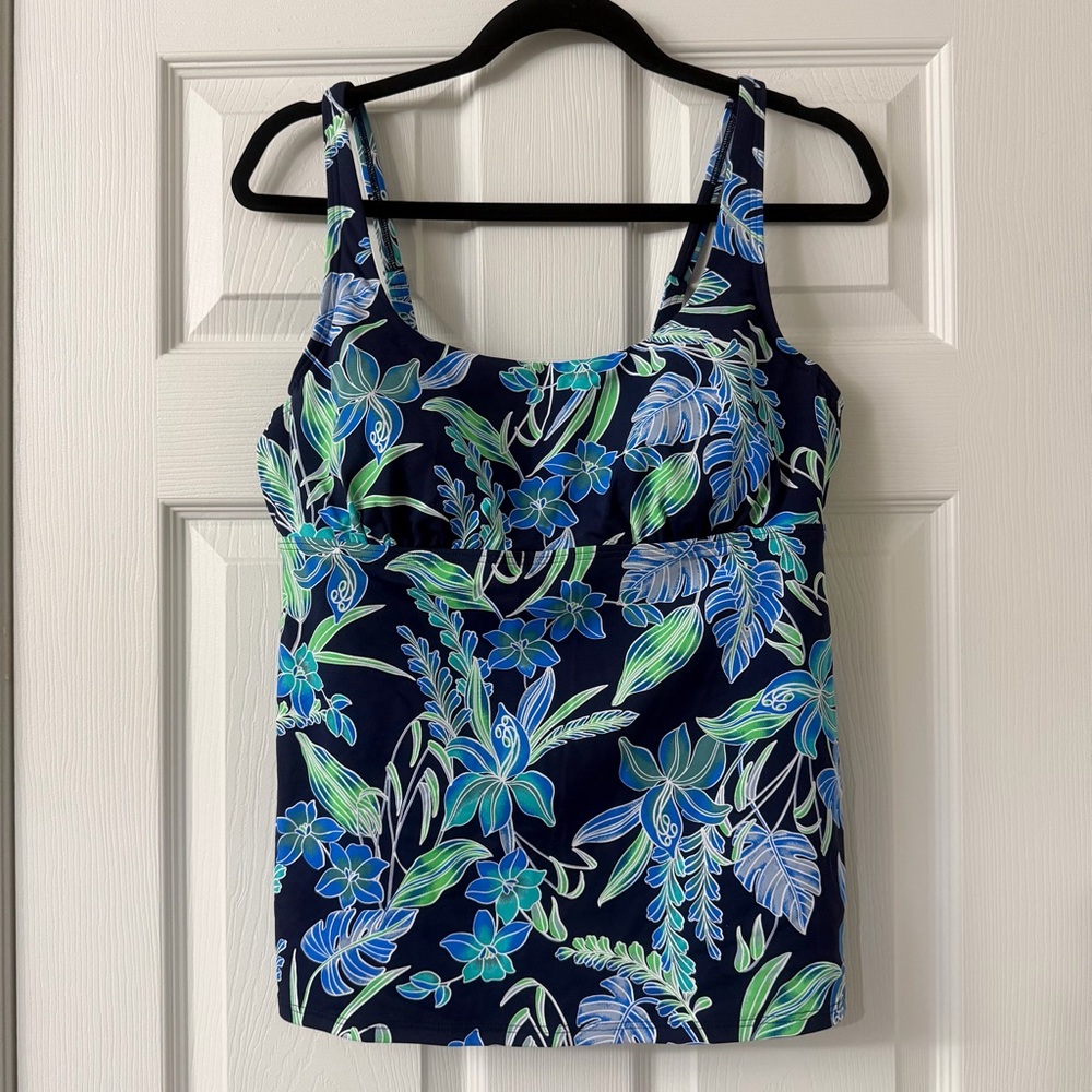 NWT Lands' End Blue Green Sea Lily Floral Square Neck Underwire Tankini Swim Top